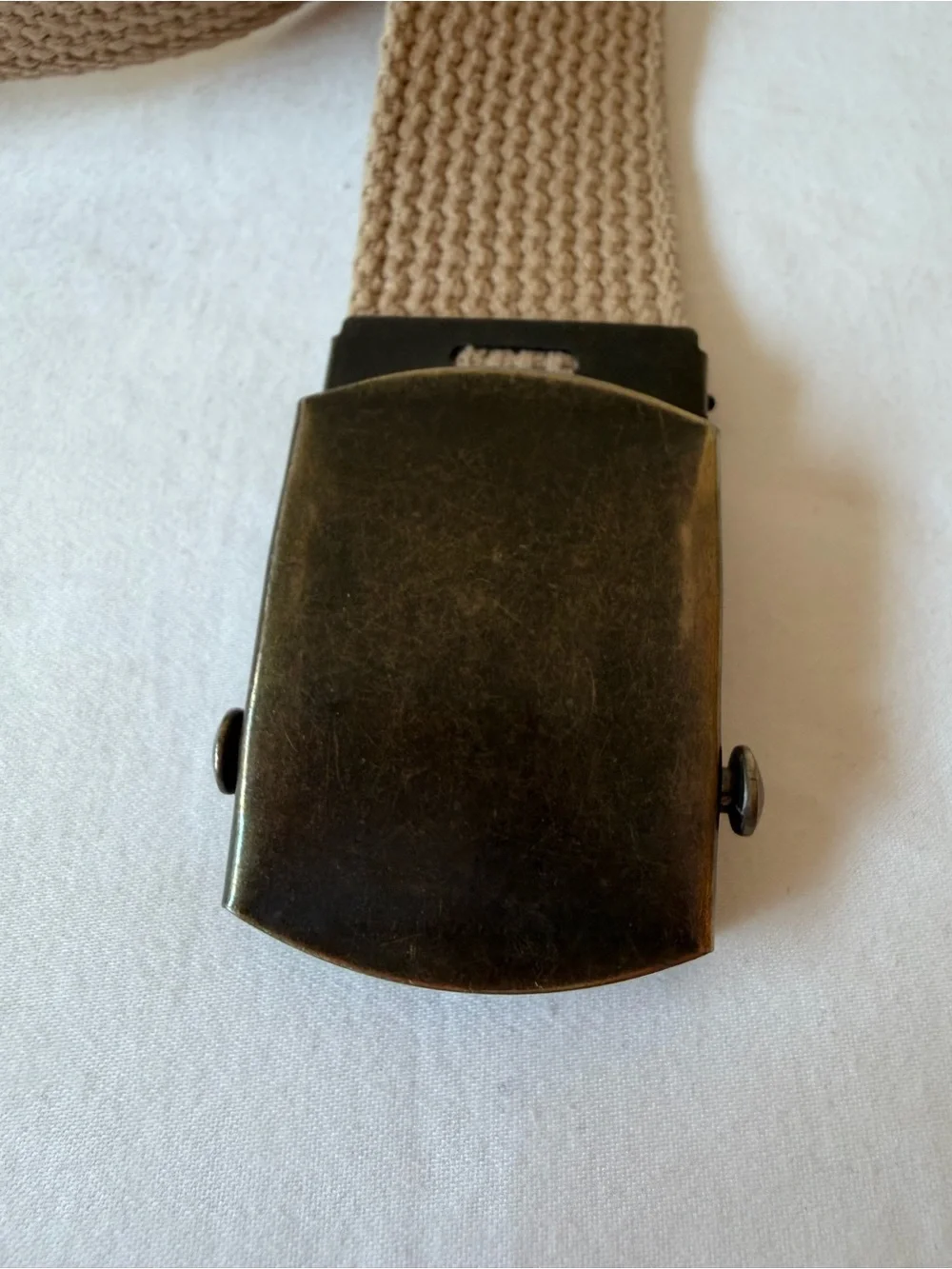 Vintage Khaki Colored Canvas Belt With Metal Slider Buckle Women’s Size Small